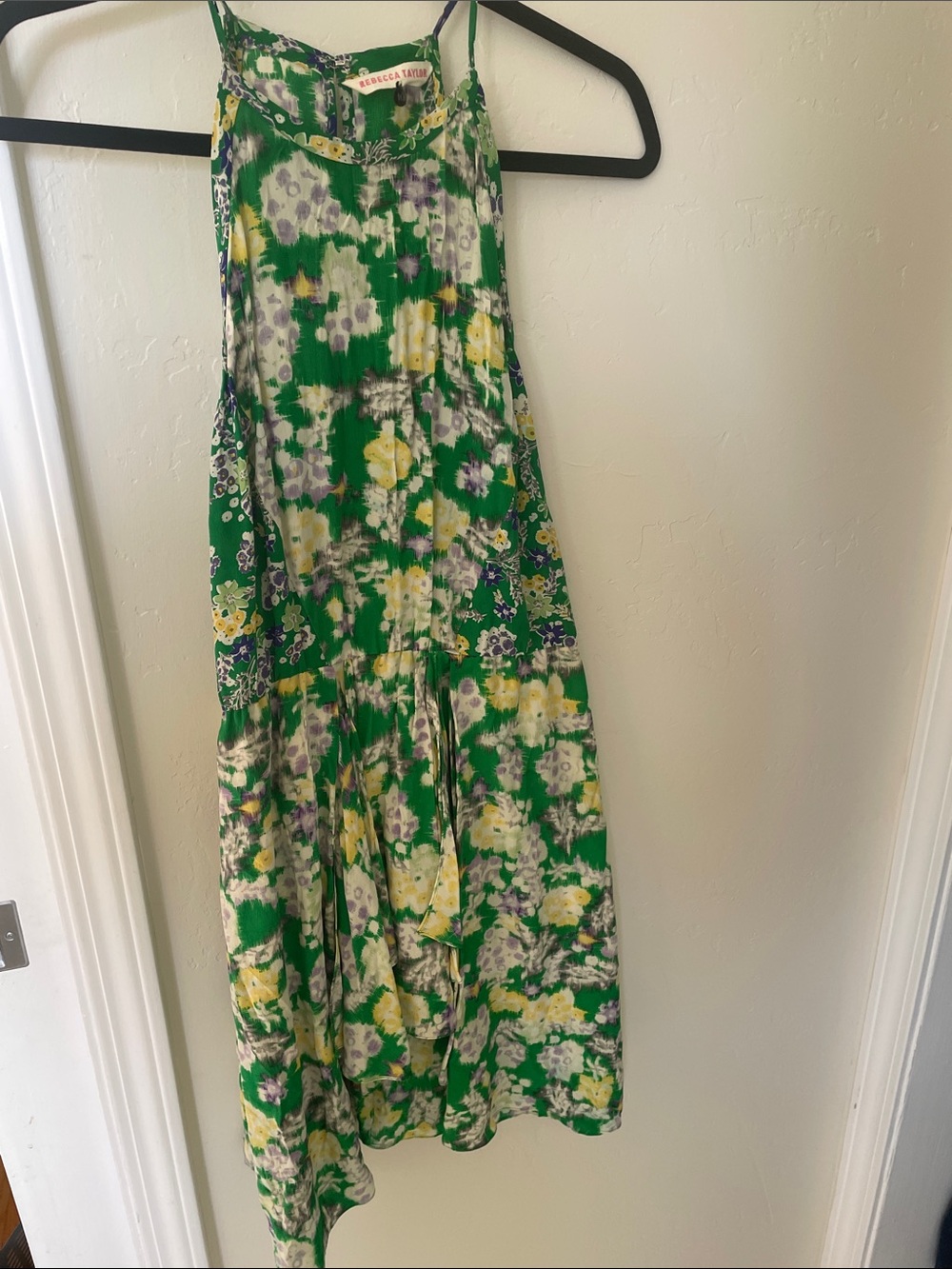 Rebecca Taylor Green Floral Silk Dress with Yellow and Purple Accents